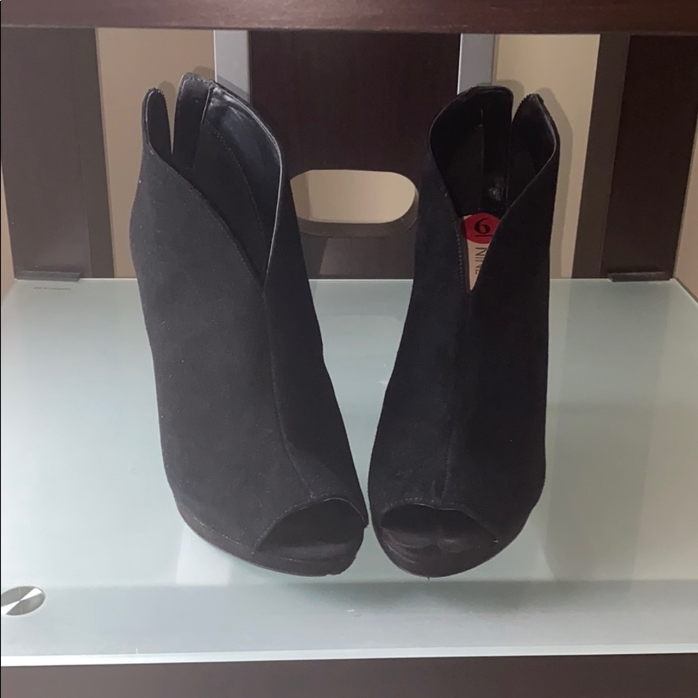 Black peep toe suede bootie heels